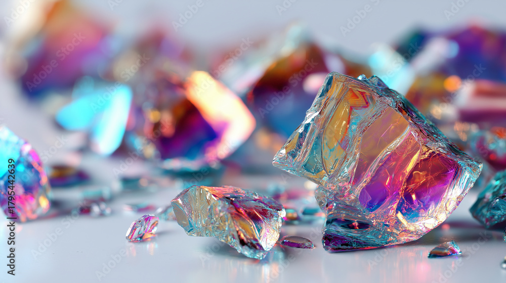 Fototapeta premium Broken glass shatter texture, detailed macro shot, transparent fragments reflecting colorful light, clean white background.