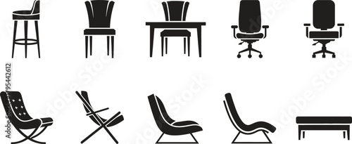 Different types of chairs in black and white minimalist style icons