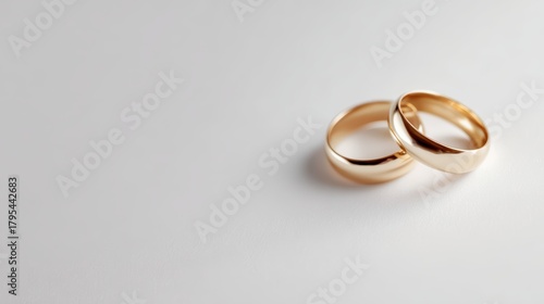 Pair of gold rings on clean white backdrop, symbolizing marriage bond and everlasting love