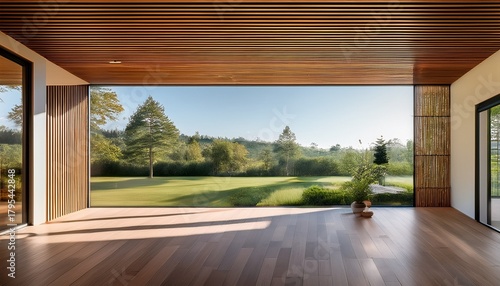 modern minimalist architecture serene interior with rich wood ceiling and expansive outdoor garden view bright contemporary home design