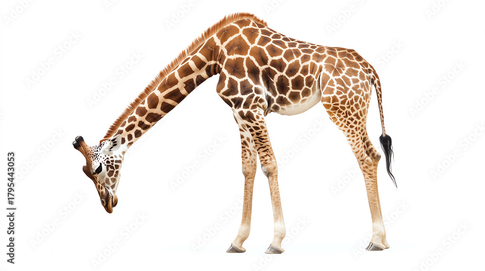 Naklejka premium Giraffe bending neck playfully, white background