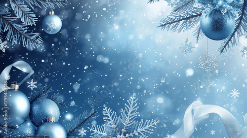 Icy Blue Winter Christmas Background with Falling Snow, Frosted Branches, and Ornaments