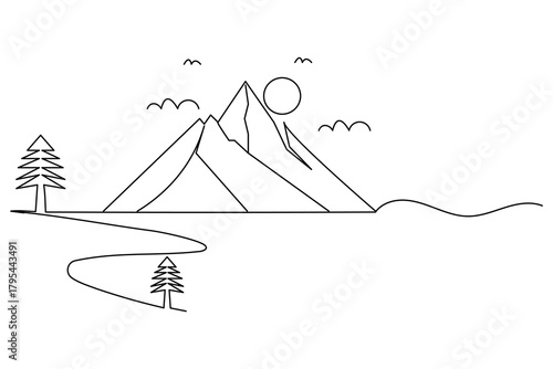 Minimalist continuous line drawing of a mountain landscape with clean and simple shapes