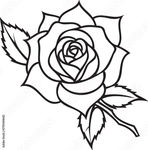 Romantic single rose with thorns and glossy leaves, isolated on transparent