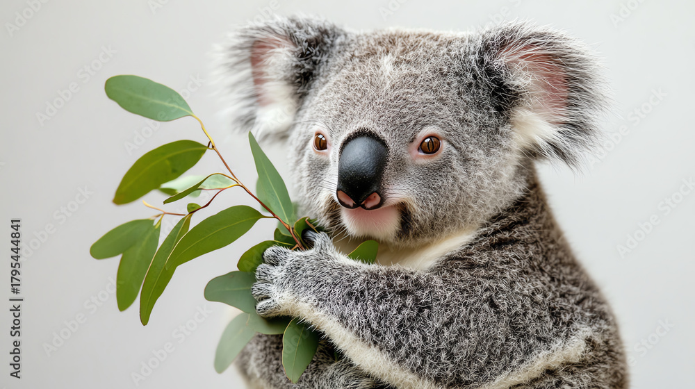 Fototapeta premium Koala hugging small leaf branch, white background