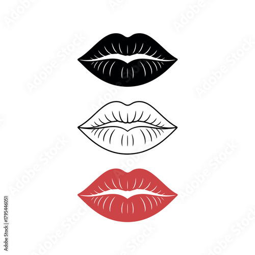 Three stylized representations of lips in black, outline, and red colors are displayed.