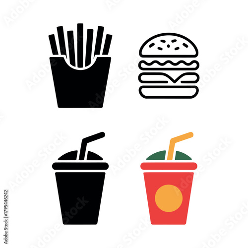 A collection of fast food icons including a burger, fries, and two drinks.