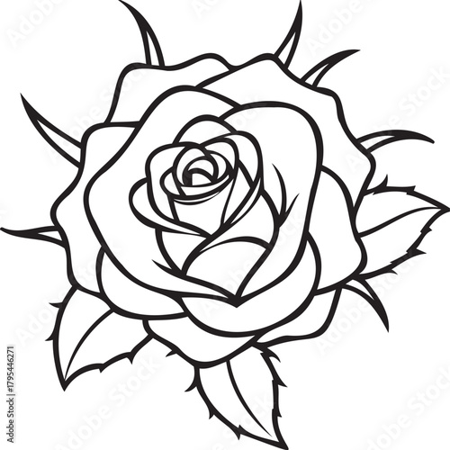 Single rose bud with thorns and emerging leaves, macro detail