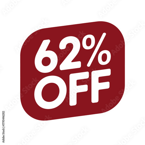 Sixty-two percent off sale announcement with a dark red rounded rectangle.