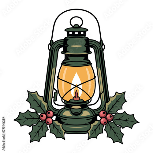 A vintage kerosene lantern is adorned with festive holly and berries, evoking a warm holiday spirit.