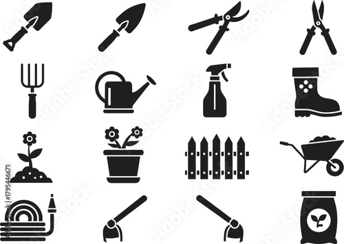 Gardening Tools Vector Graphics Collection For Agriculture And Horticulture Black Silhouettes