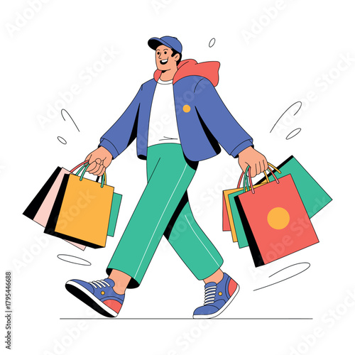 A happy person walks with multiple shopping bags filled with purchases.