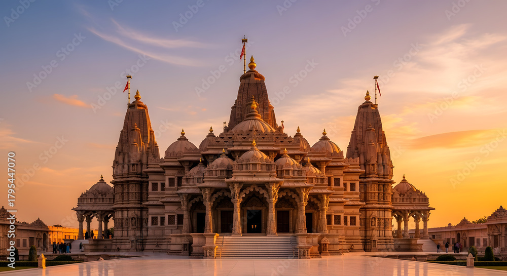 Obraz premium Majestic stone temple complex illuminated by the warm glow of the setting sun, showcasing intricate architectural details.