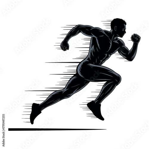 A silhouetted male runner bursts forward with speed lines trailing behind him, symbolizing fast movement.