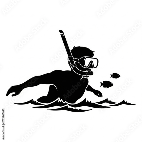 A black silhouette of a person snorkeling in water with a mask and snorkel, accompanied by two small fish.