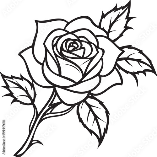 Single rose with thorns and dew-kissed leaves, romantic mood