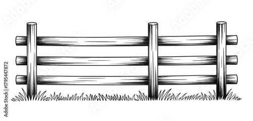 Rustic wooden rail fence with grassy ground illustration