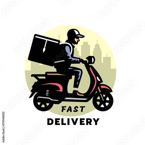 Delivery driver logo on a moped. Fast delivery.