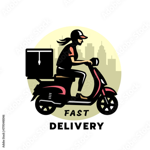 Logo of a delivery girl on a moped. Fast delivery.