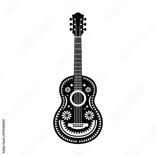 Ornate black and white guitar with floral day of the dead design