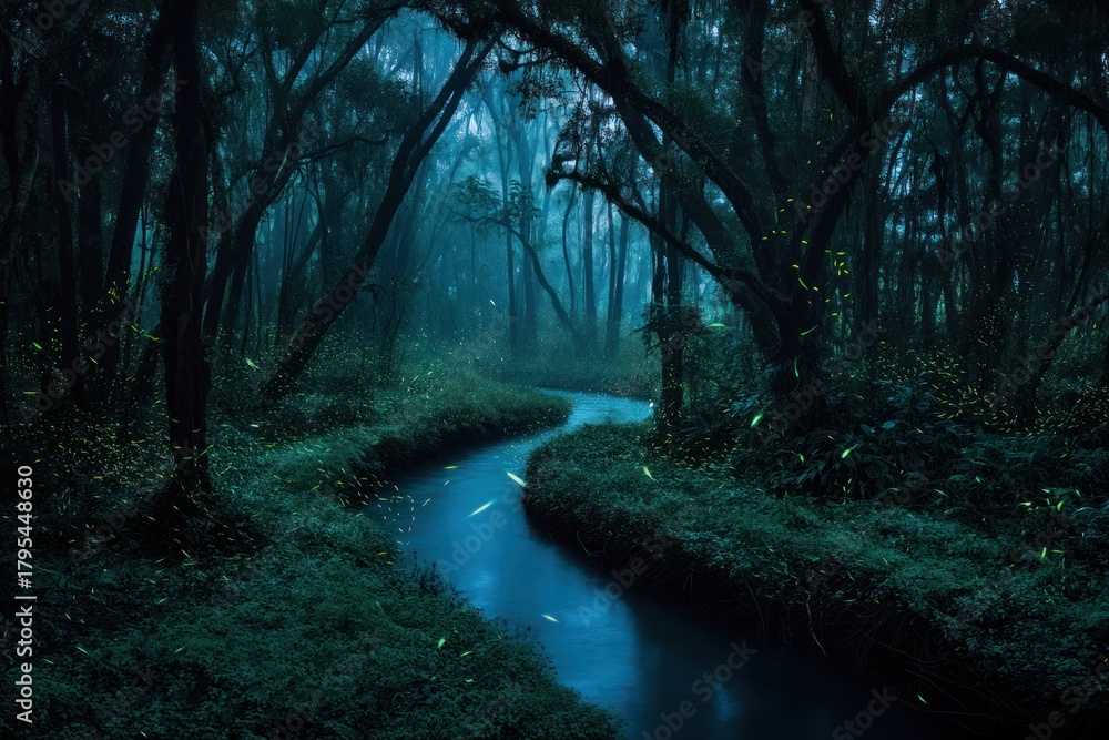 Obraz premium Dark forest scene with winding river and atmospheric lighting illustration