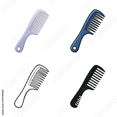 A collection of four hair comb illustrations in various styles colored, line art, and silhouette. Isolated icons for beauty, grooming, and hairdressing concepts on a white background