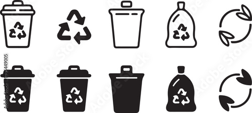 Black and white line icons showcase waste recycle symbols and containers on a clear background