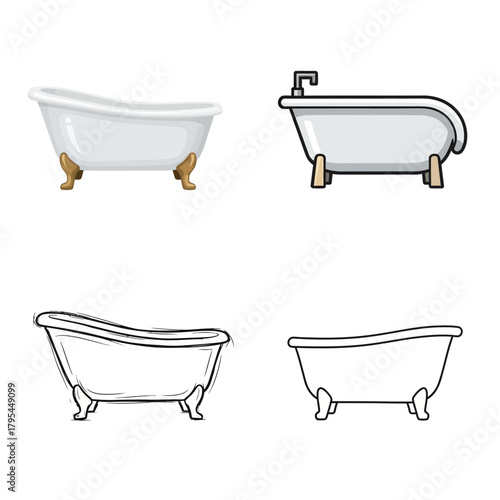 Collection of four freestanding bathtubs, two colored and two line art illustrations, each with clawed feet