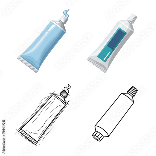 Set of four different toothpaste tubes illustrated with varying styles and colors