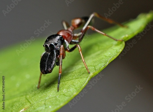The ant-mimic jumping spider in the image is likely a male of the species. These species are well known for mimicking the Asian weaver ant