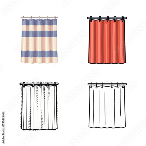 Collection of Four Different Curtain Designs Striped, Solid Red, and Two Sketch Styles
