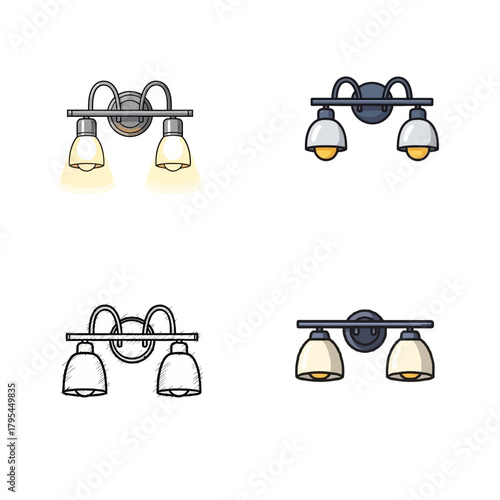 Set of four illustration icons depicting various styles of wall-mounted light fixtures for home decor