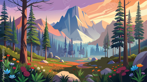 Very beautiful morning view of pine forests and wildflowers in Yosemite National Park, California, USA, featuring colorful alpine flora, towering trees, and soft haze from Ferguson Fire smoke over the