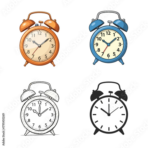 Set of classic retro alarm clock illustrations shown in colorful, line art, and black silhouette styles. Perfect for representing time, morning routines, and deadlines