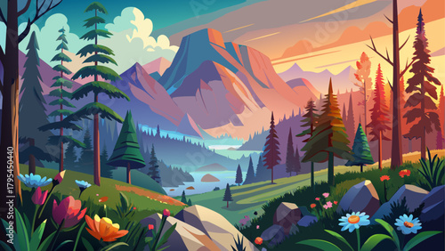 Very beautiful morning view of pine forests and wildflowers in Yosemite National Park, California, USA, featuring colorful alpine flora, towering trees, and soft haze from Ferguson Fire smoke over the