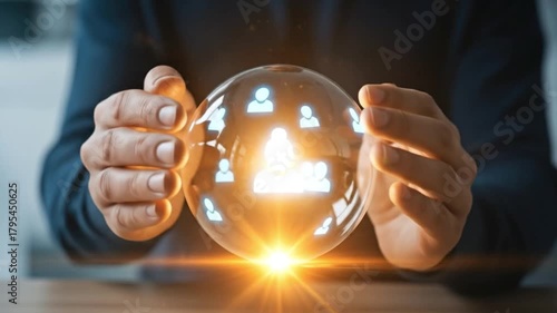 Hands holding a glowing sphere with people icons representing business connections