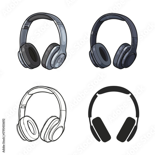 Collection of four distinct headphone illustrations in a four-panel layout, showcasing various designs and styles