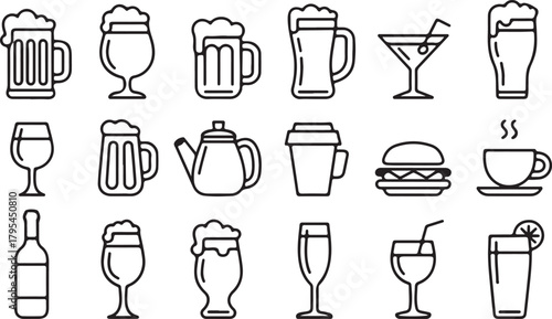 Black outline icons feature assorted drinks, a teapot, hamburger, and coffee cup on white
