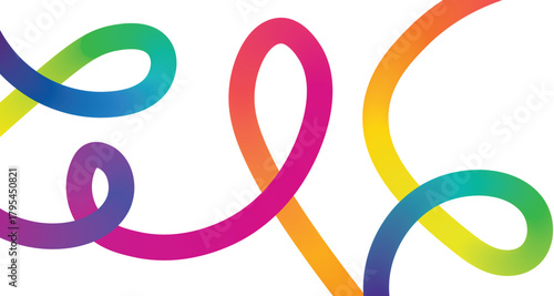 Vibrant rainbow colored ribbon curves and swirls on a clean white background abstract design