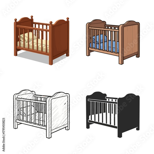 A collection of different styles and depictions of a wooden baby crib for newborn sleep and nursery furniture