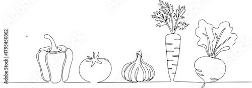 Minimalist Line Art of Fresh Vegetables Bell Pepper, Tomato, Garlic, Carrot, Beet