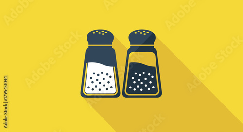 Salt and pepper shakers with a shadow on a yellow background.