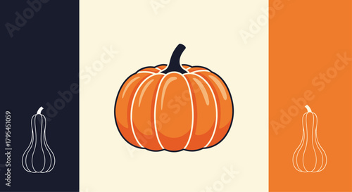 A festive illustration of a vibrant orange pumpkin with prominent ridges set against a cream background flanked by dark blue and orange panels.