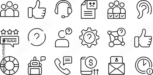 Black outline icons demonstrate support, feedback, assistance, and help with transparent background