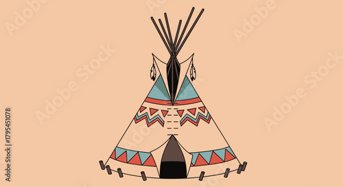 Illustration of a traditional Native American teepee dwelling adorned with geometric patterns in earthy tones.