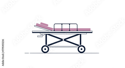 This is a medical illustration of a hospital stretcher bed with wheels and a patient lying down for examination.
