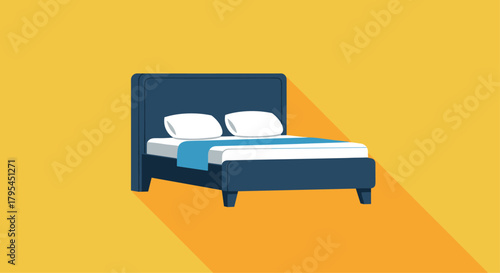 Comfortable bed with two pillows and a blue blanket on a yellow background with long shadow.