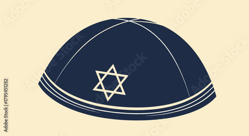 A dark blue yarmulke with white stitching featuring a white Star of David emblem on its front surface.