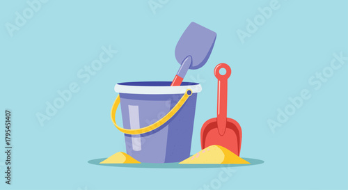 A blue bucket with yellow handle and two colorful spades stand on a sandy beach next to a few piles of sand on a light blue background.