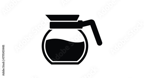 A simple black and white graphic illustration of a glass coffee carafe filled with dark liquid and a handle on the right side.